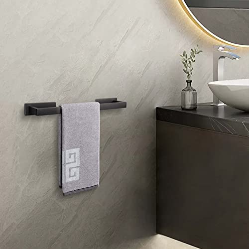 NearMoon Self Adhesive Bathroom Towel Bar-Stainless Steel Square Bath Wall Shelf Rack Hanging Towel Stick On Sticky Hanger Contemporary Style, NO Drilling （Matte Black, 9-Inch Towel Rack）