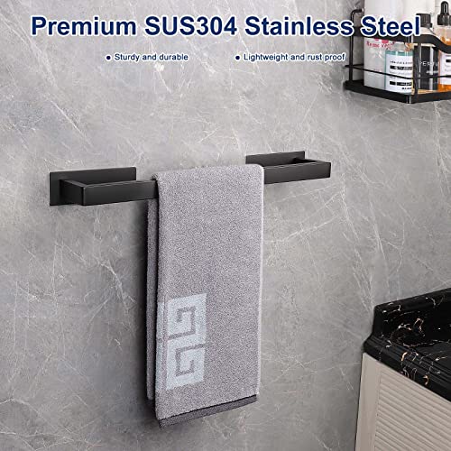 NearMoon Self Adhesive Bathroom Towel Bar-Stainless Steel Square Bath Wall Shelf Rack Hanging Towel Stick On Sticky Hanger Contemporary Style, NO Drilling （Matte Black, 9-Inch Towel Rack）