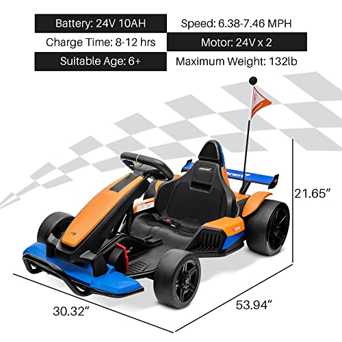 Kidzone 24V Battery Powered Ride On Toy Licensed McLaren MCL35 (F1) Electric Race Pedal Go Kart with 2 Speeds, Sound System, LED Light & Racing Flag, for Ages 6 and Older