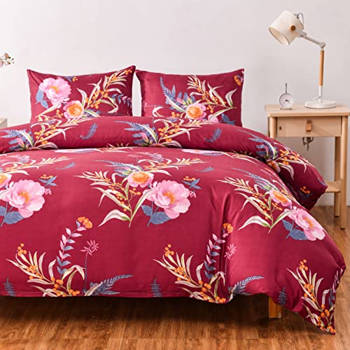 YFISAN Floral Duvet Cover Set King Red Flower Comforter Cover Set King 104"x90" Burgundy Lightweight Soft 3 Pieces Breathable Bedding Set (No Comforter Included，Rwd Flower, King)