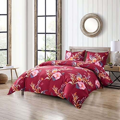 YFISAN Floral Duvet Cover Set King Red Flower Comforter Cover Set King 104"x90" Burgundy Lightweight Soft 3 Pieces Breathable Bedding Set (No Comforter Included，Rwd Flower, King)