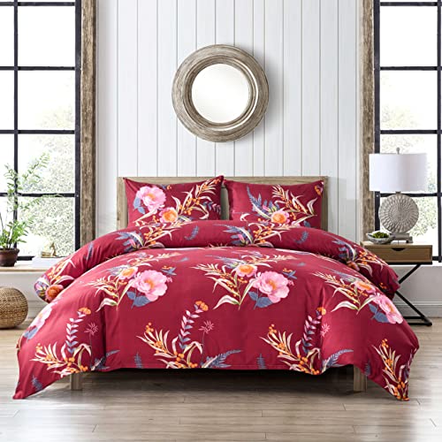 YFISAN Floral Duvet Cover Set King Red Flower Comforter Cover Set King 104"x90" Burgundy Lightweight Soft 3 Pieces Breathable Bedding Set (No Comforter Included，Rwd Flower, King)