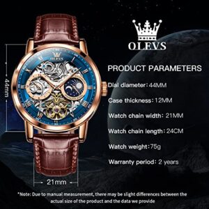 OLEVS Skeleton Watches for Mens Automatic Mechanical Self Winding Tourbillon Leather Strap Luxury Dress Moon Phase Wrist Watches Waterproof Luminous