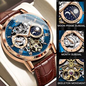 OLEVS Skeleton Watches for Mens Automatic Mechanical Self Winding Tourbillon Leather Strap Luxury Dress Moon Phase Wrist Watches Waterproof Luminous