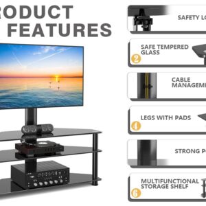 Swivel Floor TV Stand for 32-70 Inch TVs - Universal Height Adjustable TV Floor Stand with Shelves Perfect for Bedroom and Corner, TV Mount Stand VESA 600x400mm Holds up to 88lbs, Black