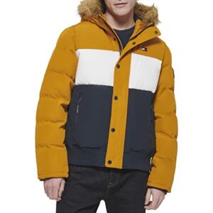 tommy hilfiger men's arctic cloth quilted snorkel bomber jacket, yellow gold, medium