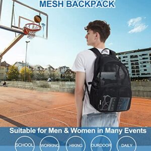 Heavy Duty Mesh Backpack for Adults, 22L Mesh Backpack for School, See Through Black Mesh Bookbag for Boys Girls with Comfort Padded Straps for School, Beach, Swimming, Fitness, Sports(Black)