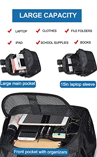 Heavy Duty Mesh Backpack for Adults, 22L Mesh Backpack for School, See Through Black Mesh Bookbag for Boys Girls with Comfort Padded Straps for School, Beach, Swimming, Fitness, Sports(Black)