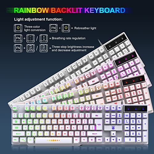 DGG Gaming Keyboard and Mouse and Gaming Headset & Mouse Pad,RGB Backlight Bundle for PC Gamers Gift Users_4 in 1 White Edition