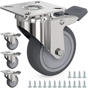 2"caster wheels,casters set of 4,plate caster wheels heavy duty 440lbs load capacity swivel casters with brake,dual locking castors no noise rubber castor,for furniture and workbench(inclued screws)