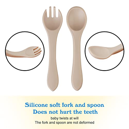 Silicone Baby Feeding Set,4 pcs Suction Plates for Baby,Divided Plates for Toddlers and Kids,Baby Spoon Fork Set for Toddlers,Silicone Plates for Kids (Beige)