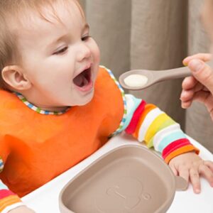 Silicone Baby Feeding Set,4 pcs Suction Plates for Baby,Divided Plates for Toddlers and Kids,Baby Spoon Fork Set for Toddlers,Silicone Plates for Kids (Beige)