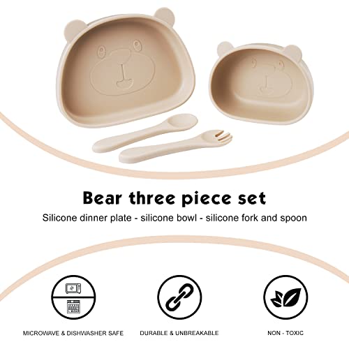 Silicone Baby Feeding Set,4 pcs Suction Plates for Baby,Divided Plates for Toddlers and Kids,Baby Spoon Fork Set for Toddlers,Silicone Plates for Kids (Beige)