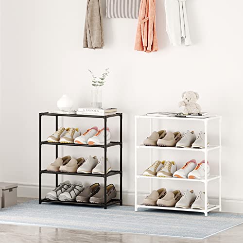 Vockot Small Shoe Rack 6-8 Pairs Sturdy Shoe Shelf 4-Tiers Narrow Stackable Shoe Organizer,Lightweight Kids Shoe Racks for Entryway, Doorway and Closet（White）