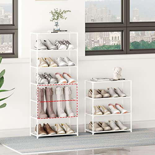 Vockot Small Shoe Rack 6-8 Pairs Sturdy Shoe Shelf 4-Tiers Narrow Stackable Shoe Organizer,Lightweight Kids Shoe Racks for Entryway, Doorway and Closet（White）