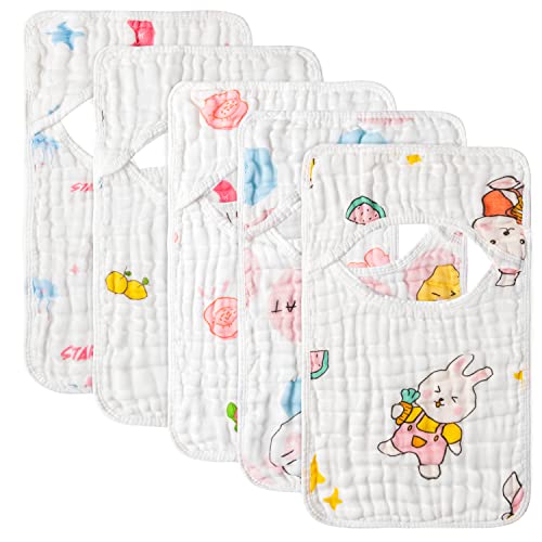 Zainpe 5Pcs Muslin Baby Bibs Star Cat Rabbit Pattern Cotton Lap-Shoulder Cloths Drool Bibs Machine Washable Pullover Feeding Bib with 6 Absorbent & Soft Layers for Unisex Infants Toddlers Newborns