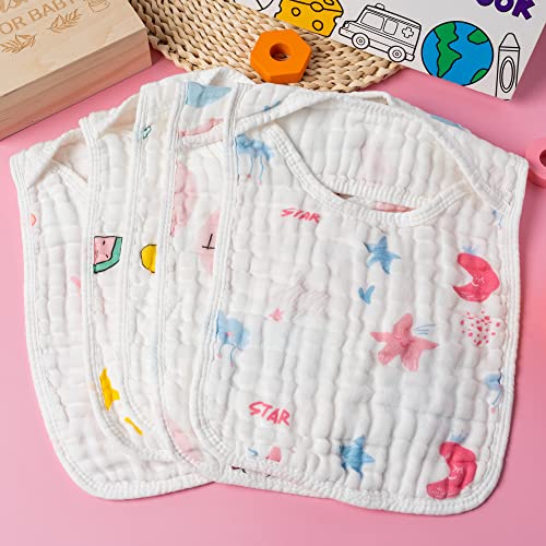 Zainpe 5Pcs Muslin Baby Bibs Star Cat Rabbit Pattern Cotton Lap-Shoulder Cloths Drool Bibs Machine Washable Pullover Feeding Bib with 6 Absorbent & Soft Layers for Unisex Infants Toddlers Newborns