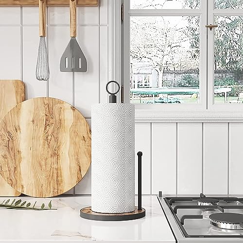 OROPY Paper Towel Holder Countertop with Heavy Duty Wood Base, Farmhouse Paper Towel Roll Stand for Kitchen Counter fits Standard and Jumbo Size Paper Towels (Brown - Easy to Tear)