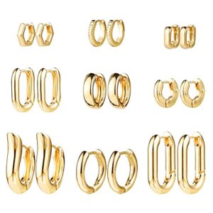 gold chunky hoop earrings set for women, 14k gold plated twisted huggie hoop earring hypoallergenic, thick open hoops set lightweight (9 gold hoops)