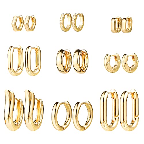 Gold Chunky Hoop Earrings Set for Women, 14K Gold Plated Twisted Huggie Hoop Earring Hypoallergenic, Thick Open Hoops Set Lightweight (9 Gold hoops)