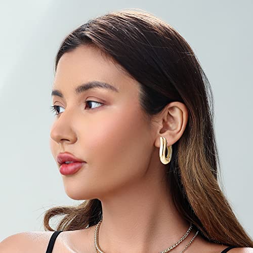 Gold Chunky Hoop Earrings Set for Women, 14K Gold Plated Twisted Huggie Hoop Earring Hypoallergenic, Thick Open Hoops Set Lightweight (9 Gold hoops)