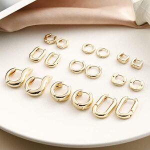 Gold Chunky Hoop Earrings Set for Women, 14K Gold Plated Twisted Huggie Hoop Earring Hypoallergenic, Thick Open Hoops Set Lightweight (9 Gold hoops)