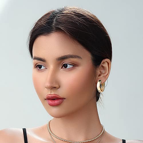 Gold Chunky Hoop Earrings Set for Women, 14K Gold Plated Twisted Huggie Hoop Earring Hypoallergenic, Thick Open Hoops Set Lightweight (9 Gold hoops)