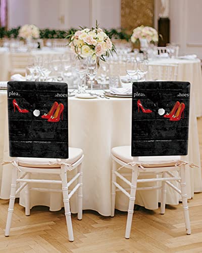 Dining Room Chair Back Covers, Welcome Please Remove Your Shoes Thanks Red High Heel Vintage Black Wooden Chair Covers Chair Slipcovers Protective Covers for Holiday Party Festival Decor, Set of 8