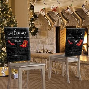 Dining Room Chair Back Covers, Welcome Please Remove Your Shoes Thanks Red High Heel Vintage Black Wooden Chair Covers Chair Slipcovers Protective Covers for Holiday Party Festival Decor, Set of 8