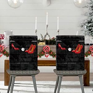 Dining Room Chair Back Covers, Welcome Please Remove Your Shoes Thanks Red High Heel Vintage Black Wooden Chair Covers Chair Slipcovers Protective Covers for Holiday Party Festival Decor, Set of 8