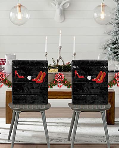 Dining Room Chair Back Covers, Welcome Please Remove Your Shoes Thanks Red High Heel Vintage Black Wooden Chair Covers Chair Slipcovers Protective Covers for Holiday Party Festival Decor, Set of 8