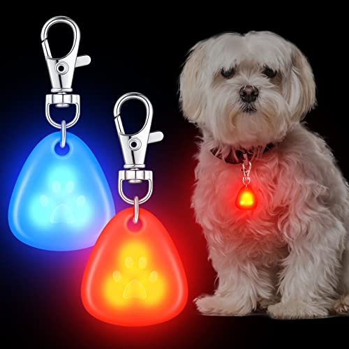 2 Pcs LED Dog Collar Light Waterproof Silicone Light up Dog Tag Clip on Flashing Dog Lights for Night Walking Camping Light for Dog Collar Pet Harness Leash Safety Paw Dog Tag Light (Red, Blue)