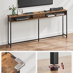 VASAGLE 70 Inch Console Table with Outlet and Shelves, Sofa Table with Hidden Charging Station, Behind Couch Table Skinny, Long Entryway Table for Hallway, Living Room, Rustic Brown and Black