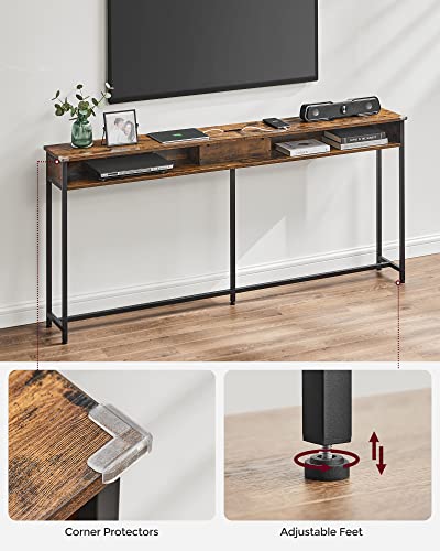 VASAGLE 70 Inch Console Table with Outlet and Shelves, Sofa Table with Hidden Charging Station, Behind Couch Table Skinny, Long Entryway Table for Hallway, Living Room, Rustic Brown and Black