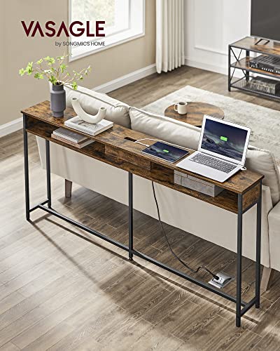 VASAGLE 70 Inch Console Table with Outlet and Shelves, Sofa Table with Hidden Charging Station, Behind Couch Table Skinny, Long Entryway Table for Hallway, Living Room, Rustic Brown and Black