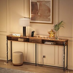 VASAGLE 70 Inch Console Table with Outlet and Shelves, Sofa Table with Hidden Charging Station, Behind Couch Table Skinny, Long Entryway Table for Hallway, Living Room, Rustic Brown and Black