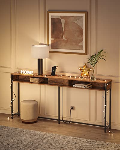 VASAGLE 70 Inch Console Table with Outlet and Shelves, Sofa Table with Hidden Charging Station, Behind Couch Table Skinny, Long Entryway Table for Hallway, Living Room, Rustic Brown and Black