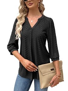 fmeyoa women's 3/4 sleeve tops eyelet dressy casual v neck blouses t shirts(black,x-large)