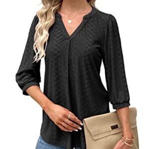 FMEYOA Women's 3/4 Sleeve Tops Eyelet Dressy Casual V Neck Blouses T Shirts(Black,X-Large)