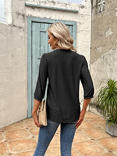 FMEYOA Women's 3/4 Sleeve Tops Eyelet Dressy Casual V Neck Blouses T Shirts(Black,X-Large)