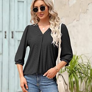 FMEYOA Women's 3/4 Sleeve Tops Eyelet Dressy Casual V Neck Blouses T Shirts(Black,X-Large)