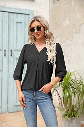 FMEYOA Women's 3/4 Sleeve Tops Eyelet Dressy Casual V Neck Blouses T Shirts(Black,X-Large)