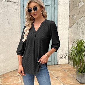 FMEYOA Women's 3/4 Sleeve Tops Eyelet Dressy Casual V Neck Blouses T Shirts(Black,X-Large)