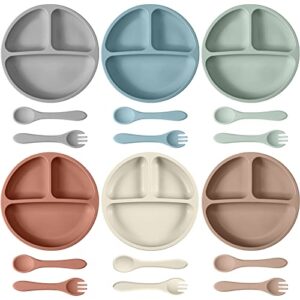 18 pcs baby suction plates toddler divided plate set silicone baby plates with forks and spoons baby plates with suction toddler utensils for baby kids dishwasher microwave safe (macaron color)