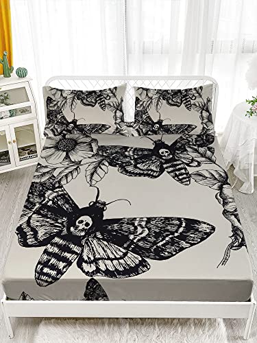 HOSIMA Death Moth Bedding Set for Girls Teen Boy Skull Decor Fitted Sheet Queen Size Halloween Bedding,1 Fitted Sheet+2 Pillowcases.