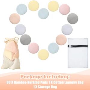 60 Pcs Nursing Breast Pads + 1 Laundry Bag + 1 Travel Storage Bag Washable Reusable Breast Pads Absorbent Leak Protected Breastfeeding Nipple Pads for Maternity Mom Breastfeeding (4.7 Inch)