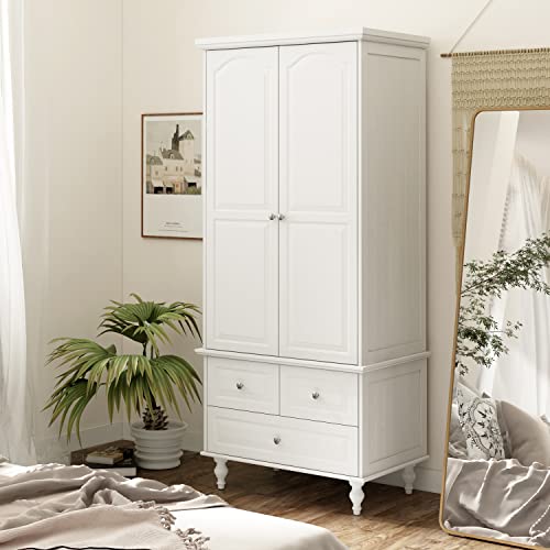 ECACAD Wardrobe Closet Armoire with 2 Doors, 3 Drawers, 4-Tier Storage Shelves & Hanging Rod, Wooden Clothes Storage Cabinet for Bedroom, White (31.5”W x 19.7”D x 70.9”H)