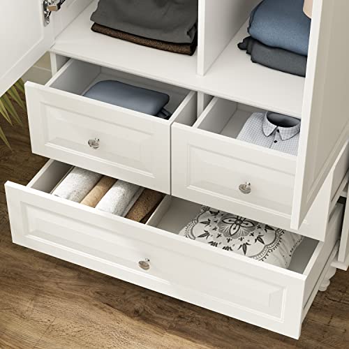 ECACAD Wardrobe Closet Armoire with 2 Doors, 3 Drawers, 4-Tier Storage Shelves & Hanging Rod, Wooden Clothes Storage Cabinet for Bedroom, White (31.5”W x 19.7”D x 70.9”H)