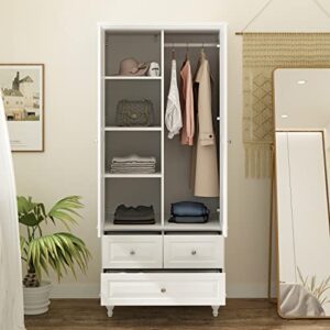 ECACAD Wardrobe Closet Armoire with 2 Doors, 3 Drawers, 4-Tier Storage Shelves & Hanging Rod, Wooden Clothes Storage Cabinet for Bedroom, White (31.5”W x 19.7”D x 70.9”H)