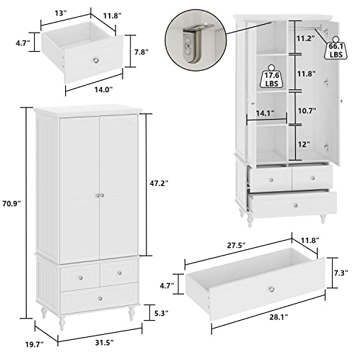 ECACAD Wardrobe Closet Armoire with 2 Doors, 3 Drawers, 4-Tier Storage Shelves & Hanging Rod, Wooden Clothes Storage Cabinet for Bedroom, White (31.5”W x 19.7”D x 70.9”H)